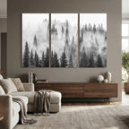 Forest Wall Art Print | Foggy Pine Forest Canvas Wall Art, Black and White Nature Decor