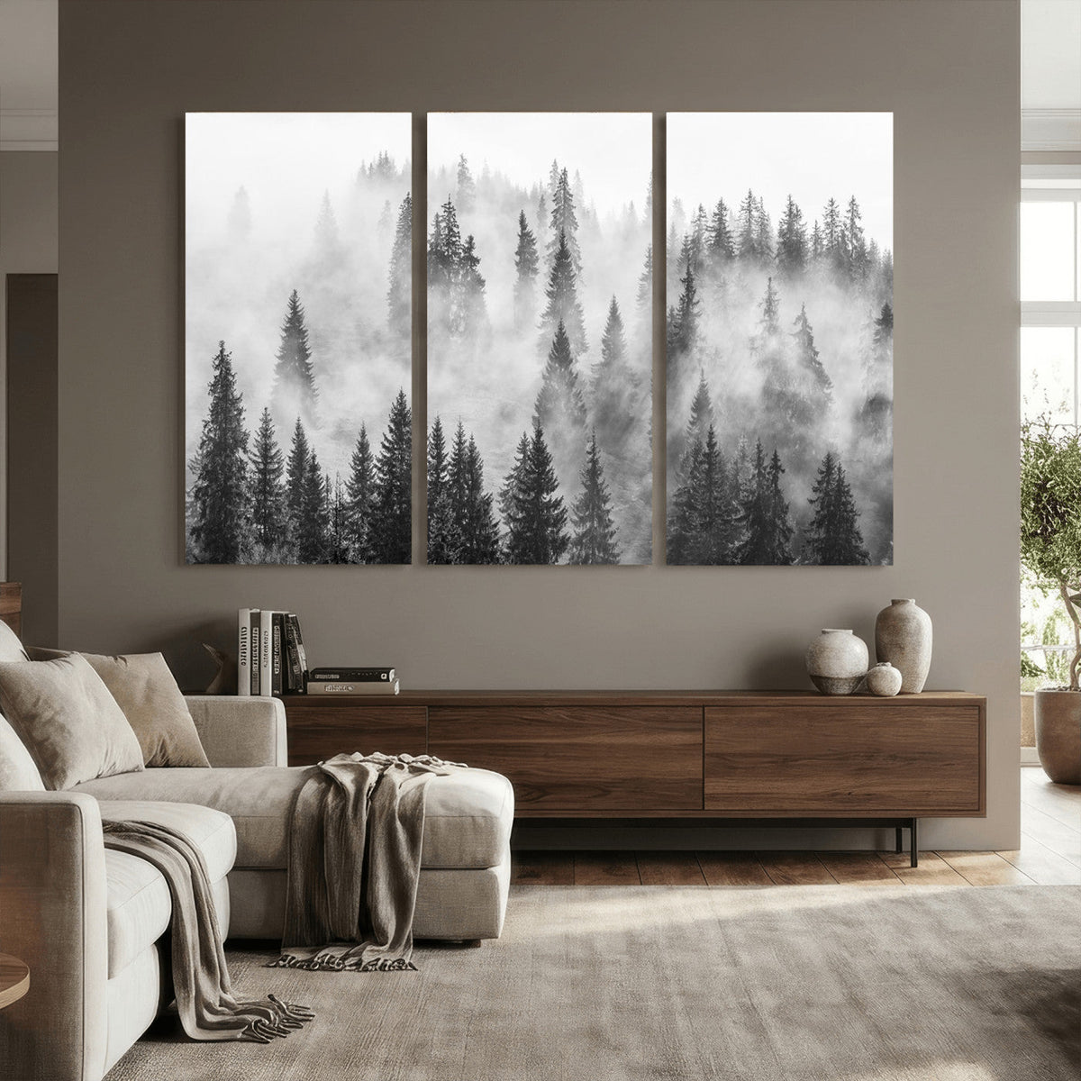 Forest Wall Art Print | Foggy Pine Forest Canvas Wall Art, Black and White Nature Decor