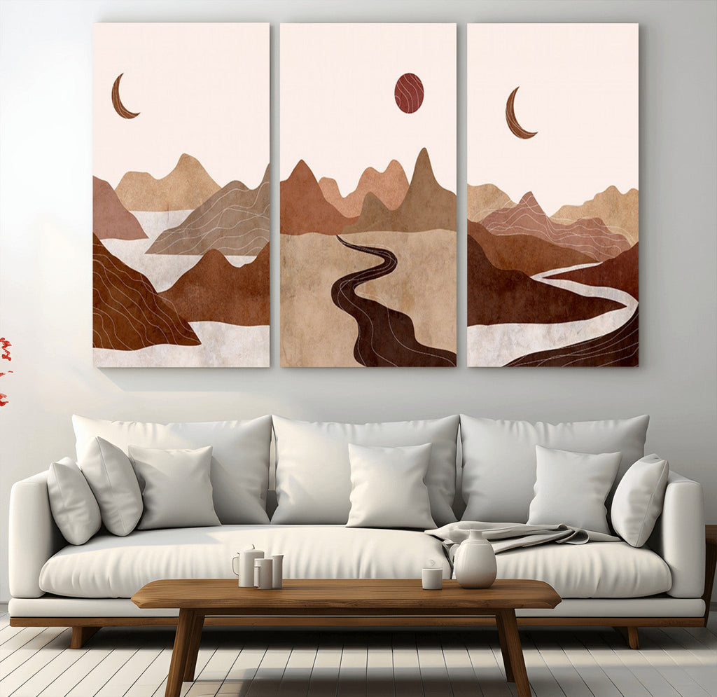 Boho Wall Art Canvas Print Set | Mid-Century Bohemian Wall Artwork, Boho Neutral
