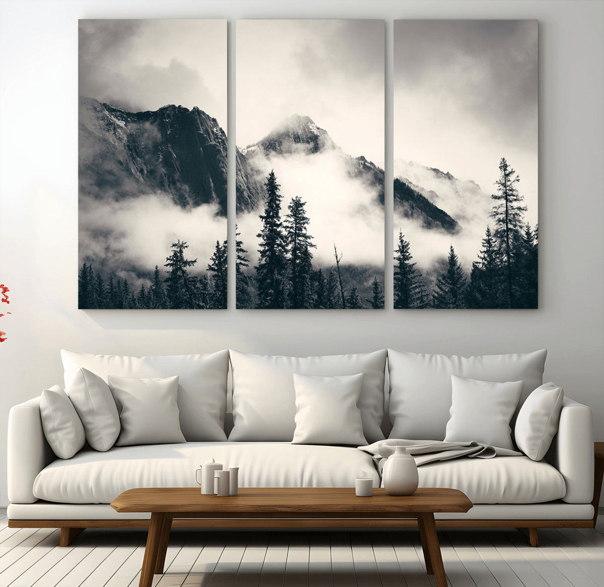 Forest Mountain Print | Black and White Canvas Wall Art with Misty Forest Design
