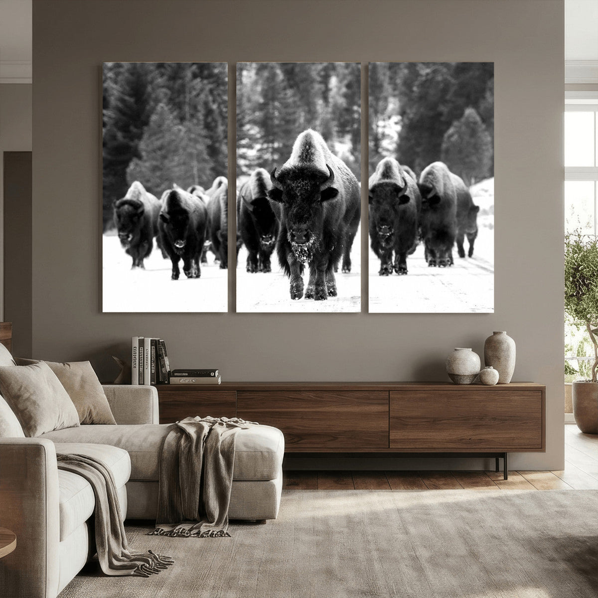Bison Herd in Snow Wall Art Canvas Print | Rustic Western Bison Wall Art for Living Room and Farmhouse Decor
