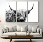 Black White Scottish Highland Cow Cattle Art Print Farmhouse Decor