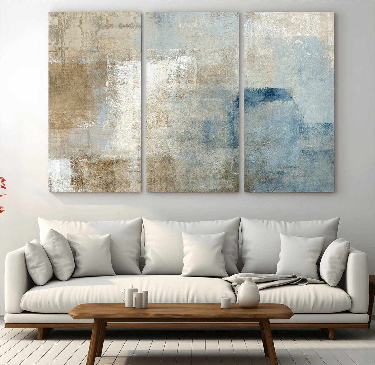 Abstract Blue and Beige Wall Art, Modern Minimalist Canvas Print Set