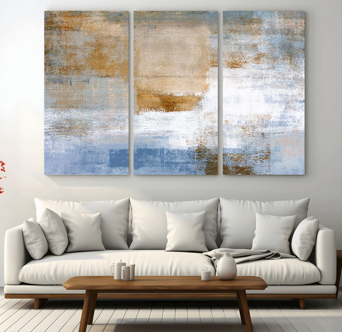 Blue Multi Panel Abstract Wall Art Canvas, Abstract Blue and Gold Canvas Print