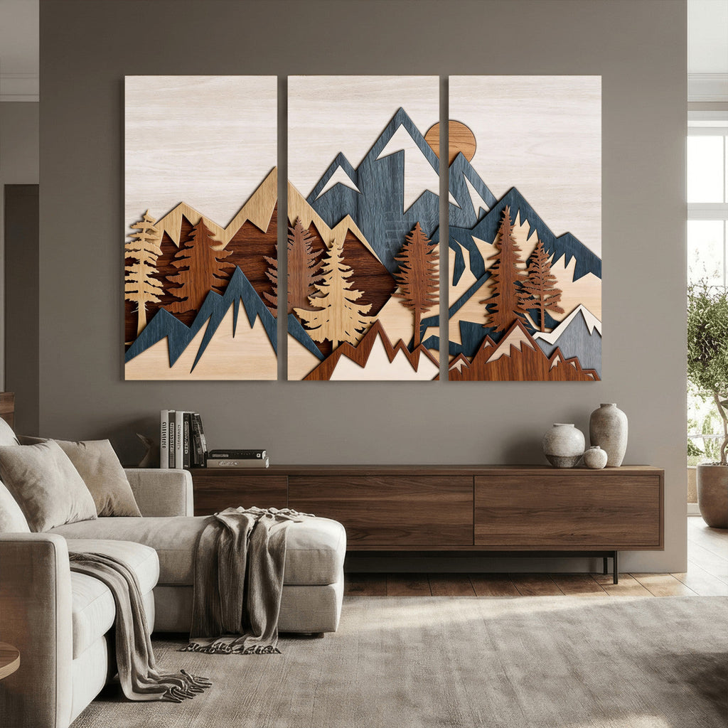 Rustic Abstract Wood Panel Effect Canvas | Mountain Range Top Wood Wall Art Canvas Print