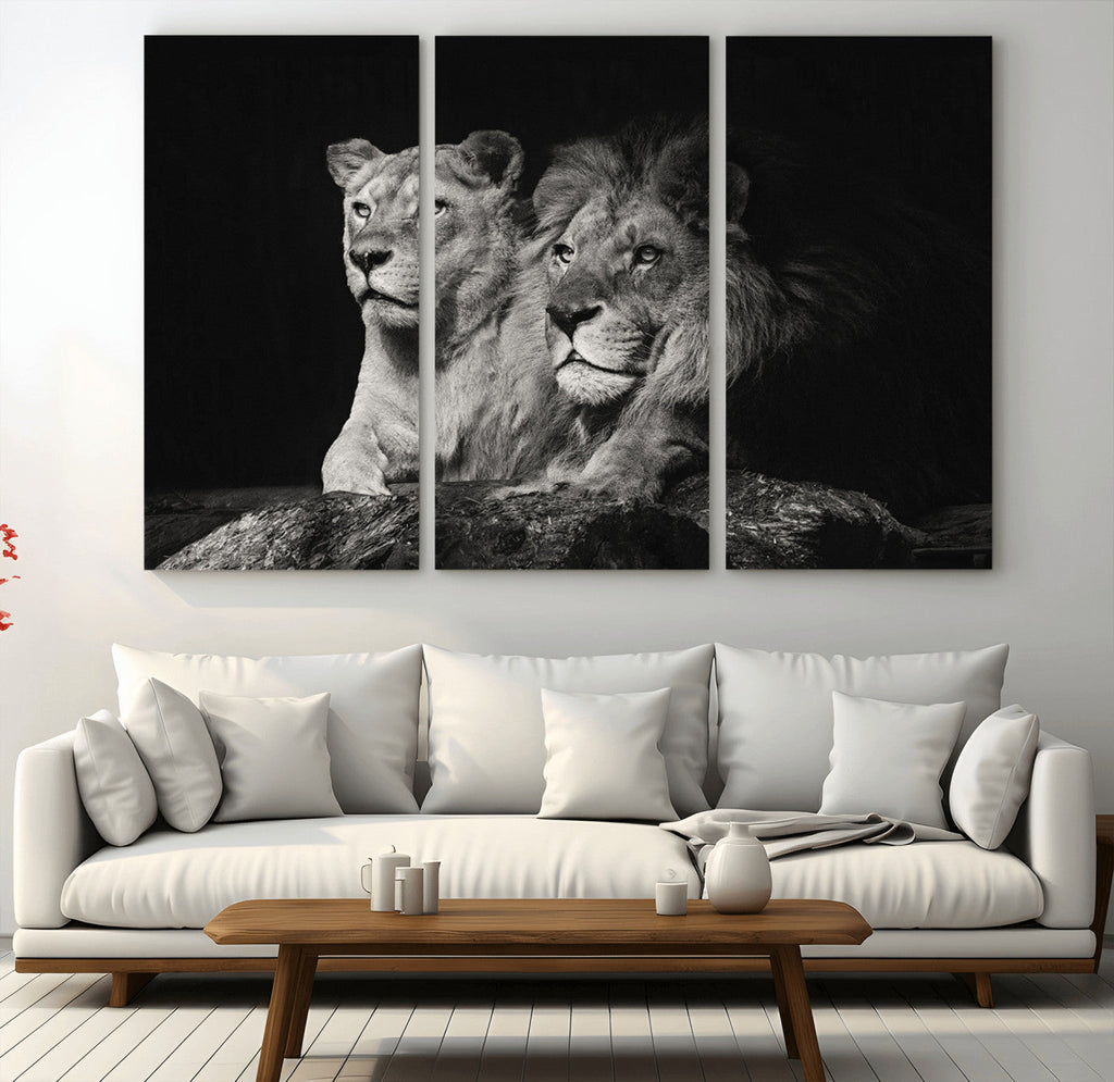 Lion Couple Wall Art Canvas Print, Elegant Black and White Wildlife Portrait