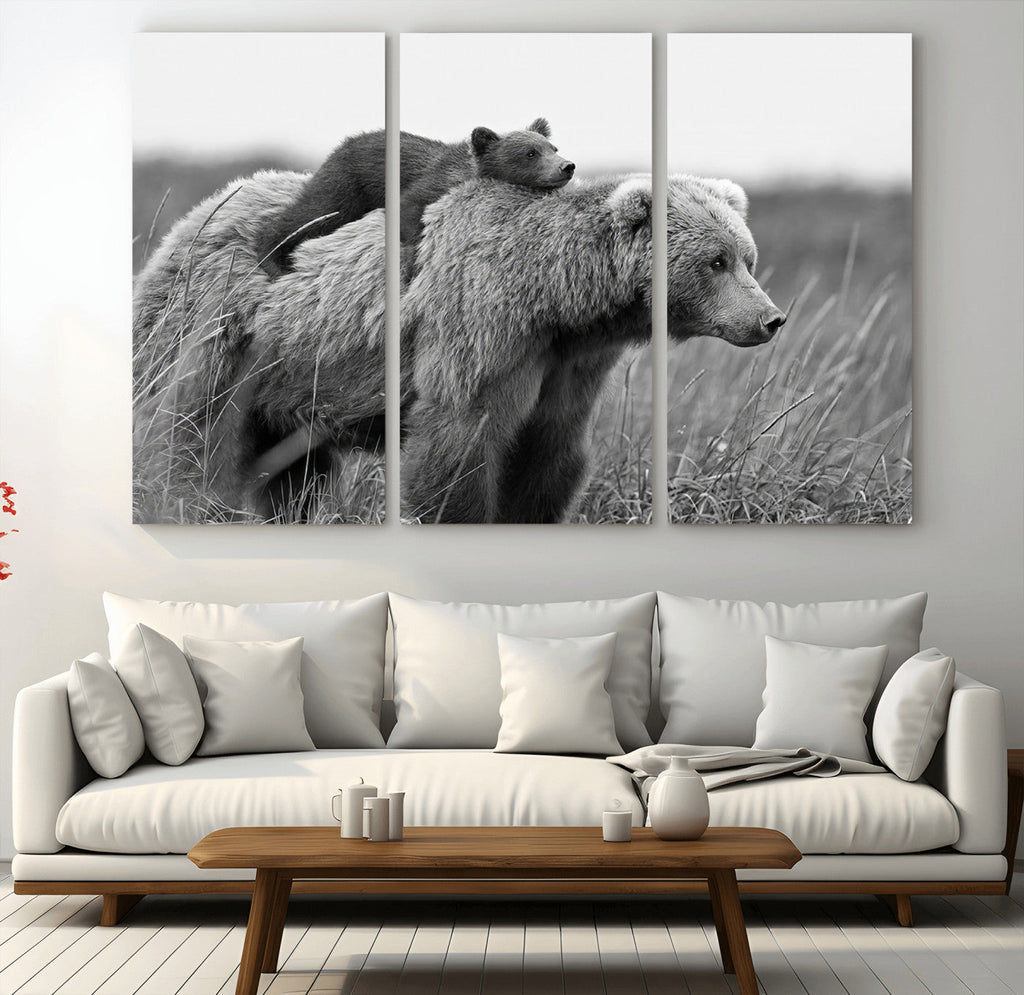 Bear and Cub Wall Art Canvas | Grizzly 399 Bear and Cub Black and White Wildlife Print