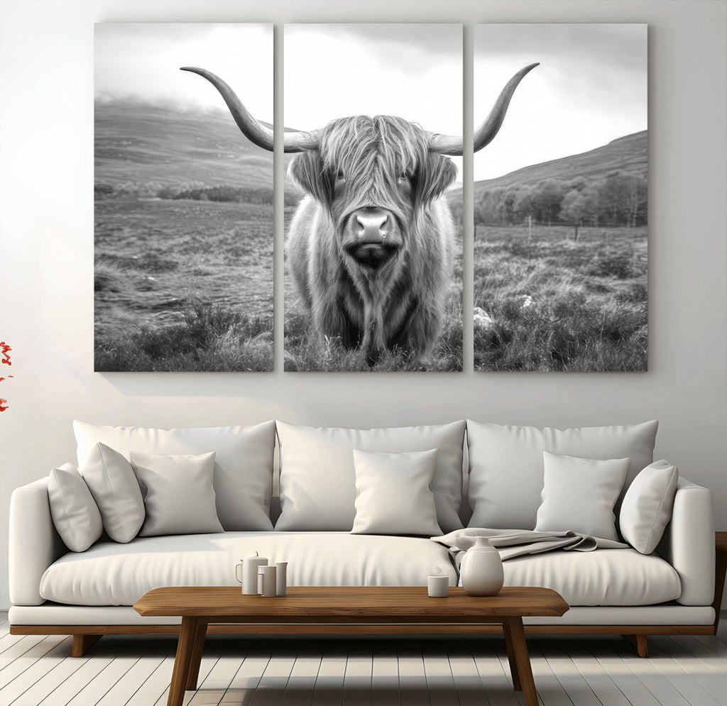 Black White Scottish Highland Cow Canvas Farm Wall Art