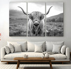 Black White Scottish Highland Cow Canvas Farm Wall Art