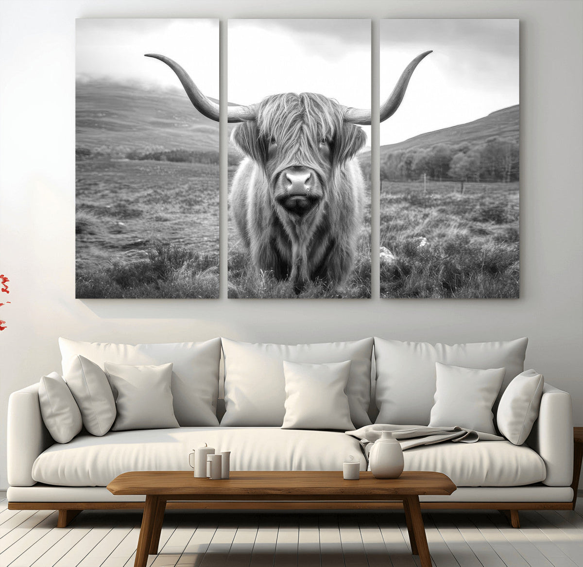 Black White Scottish Highland Cow Canvas Farm Wall Art