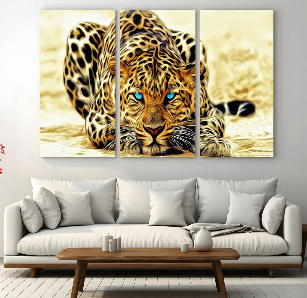 Blue-Eyed Leopard Canvas Wall Art, Framed Animal Print, Fierce and Bold Decor for Living Rooms