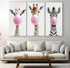 Bubblegum Animals Canvas Wall Art, Playful Giraffe and Zebra Trio, Whimsical Nursery and Kids Room Decor