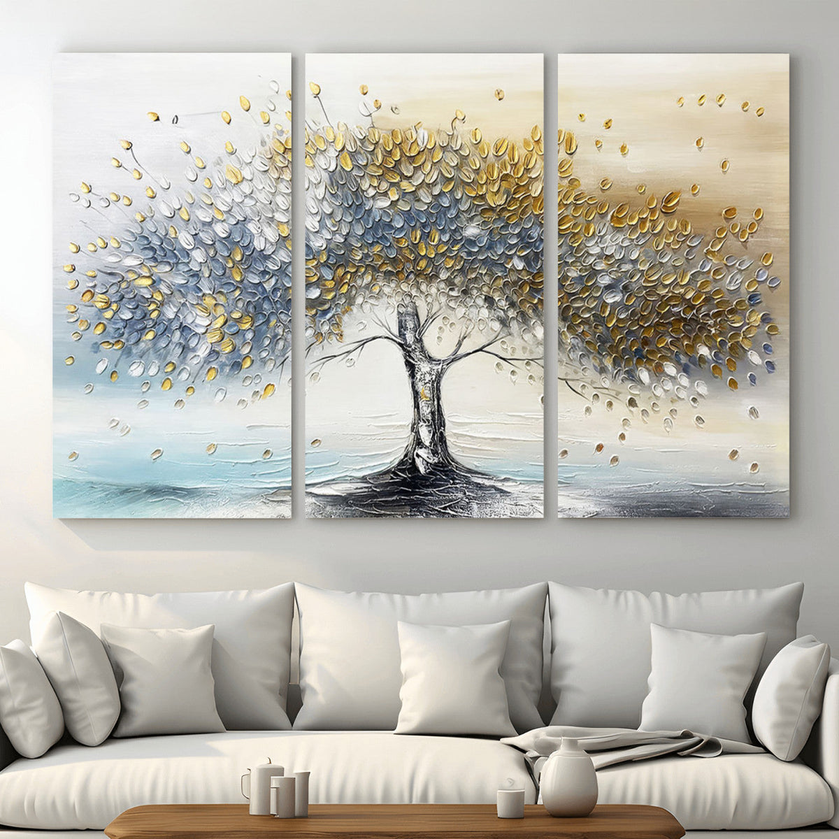 Golden and Silver Tree Wall Art | Framed Elegant Leaves Canvas