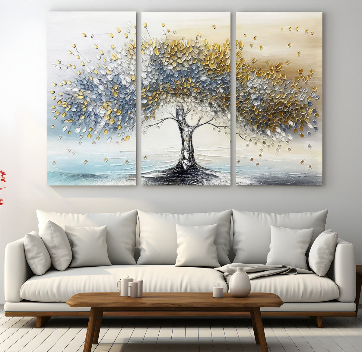 Silver Tree Wall Art | Framed Golden Leaves Canvas Artwork