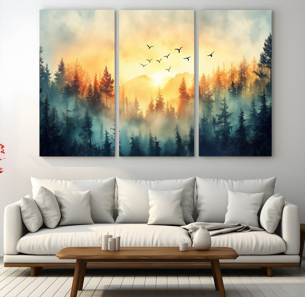 Sunrise Forest Wall Art | Framed Misty Pines Canvas Artwork