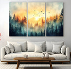 Sunrise Forest Wall Art | Framed Misty Pines Canvas Artwork