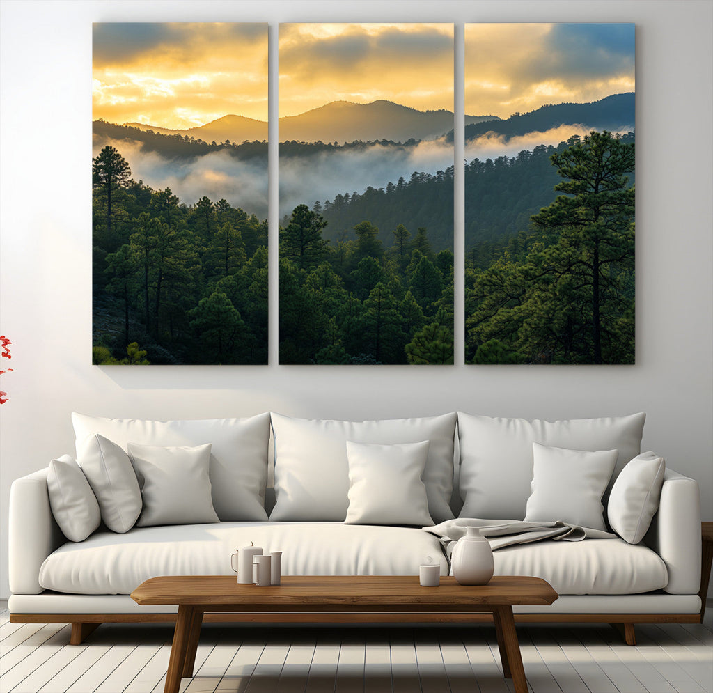 Mountain Sunrise Wall Art | Framed Pine Forest Canvas
