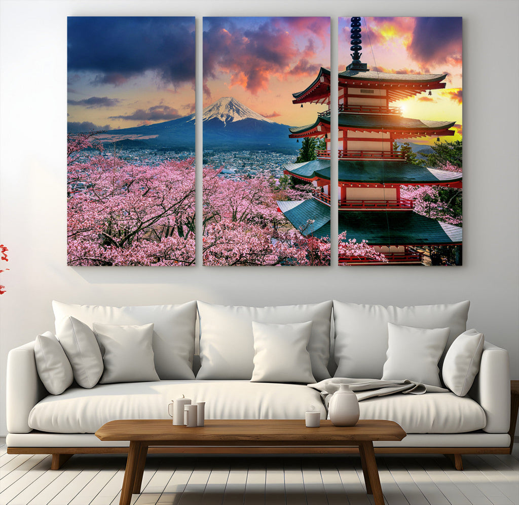 Mount Fuji Cherry Blossom Wall Art Canvas Print | Framed Pagoda Sunset