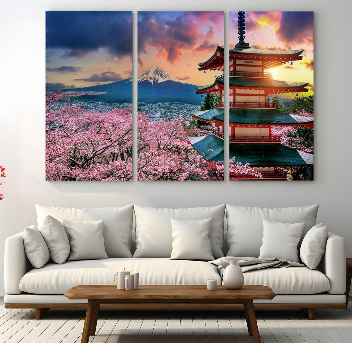 Mount Fuji Cherry Blossom Wall Art Canvas Print | Framed Pagoda Sunset