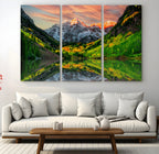 Sunset Glow Mountain Wall Art Canvas Print | Peaks, Green Forest and Lake