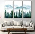 Misty Pine Forest Wall Art, Foggy Mountain Landscape Canvas