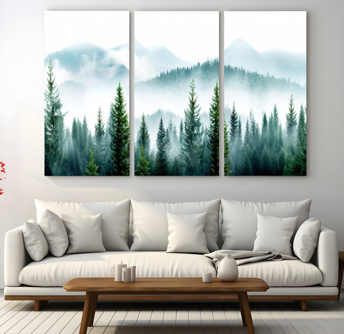 Misty Pine Forest Wall Art, Foggy Mountain Landscape Canvas