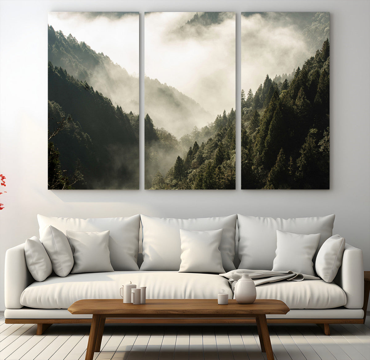 Misty Valley Wall Art: Foggy Forest Canvas Print