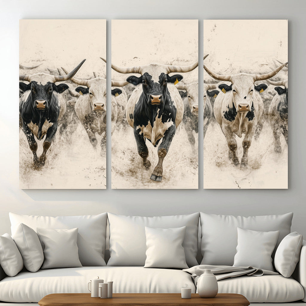 Texas Longhorn Wall Art | Framed Cattle Walking Canvas