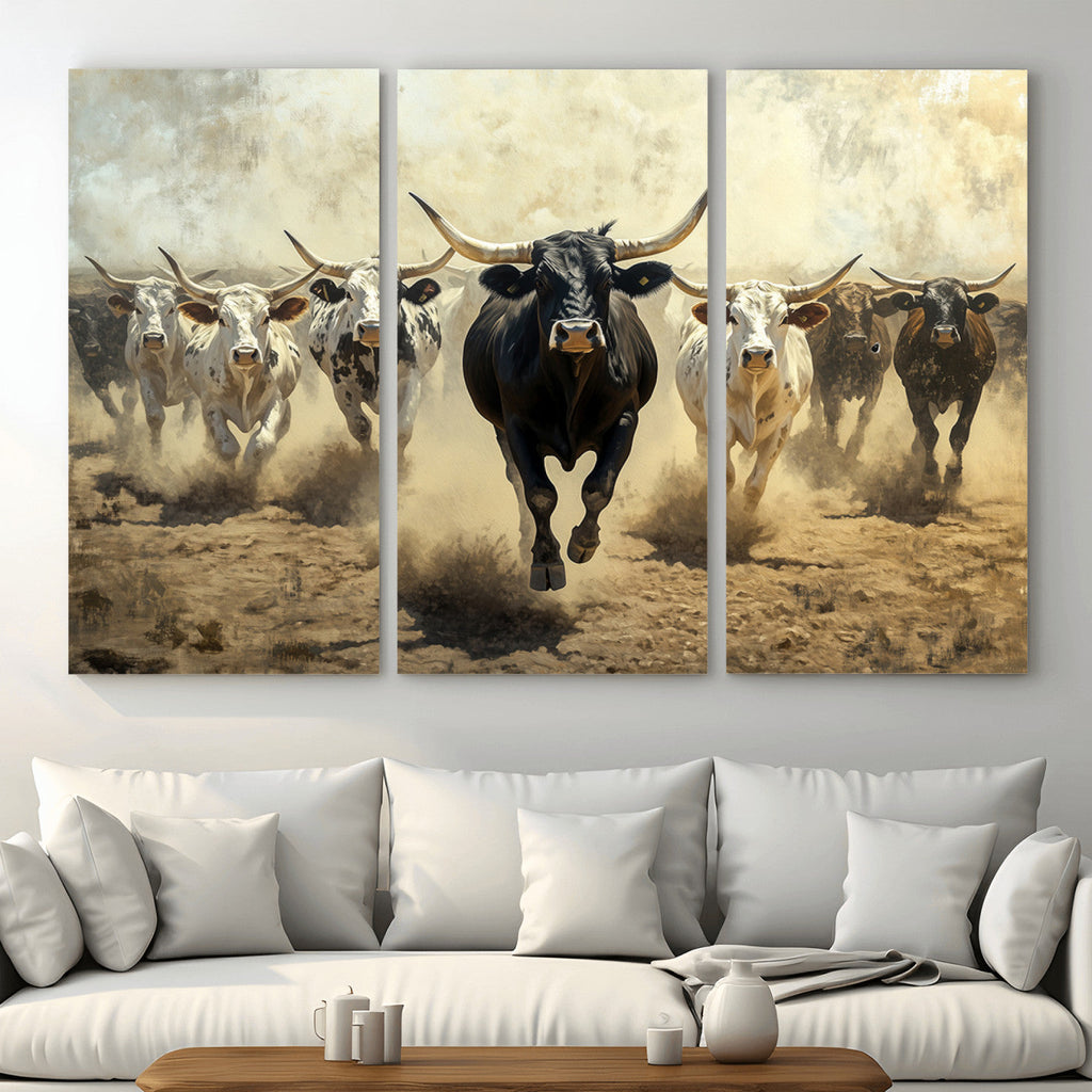 Texas Longhorn Wall Art | Framed Charging Cattle Canvas