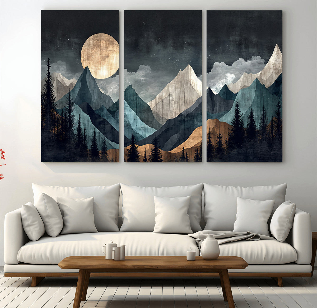 Moonlit Mountain Wall Art Canvas Print, Framed Silhouetted Pines Art, Layered Peaks Rustic Decor