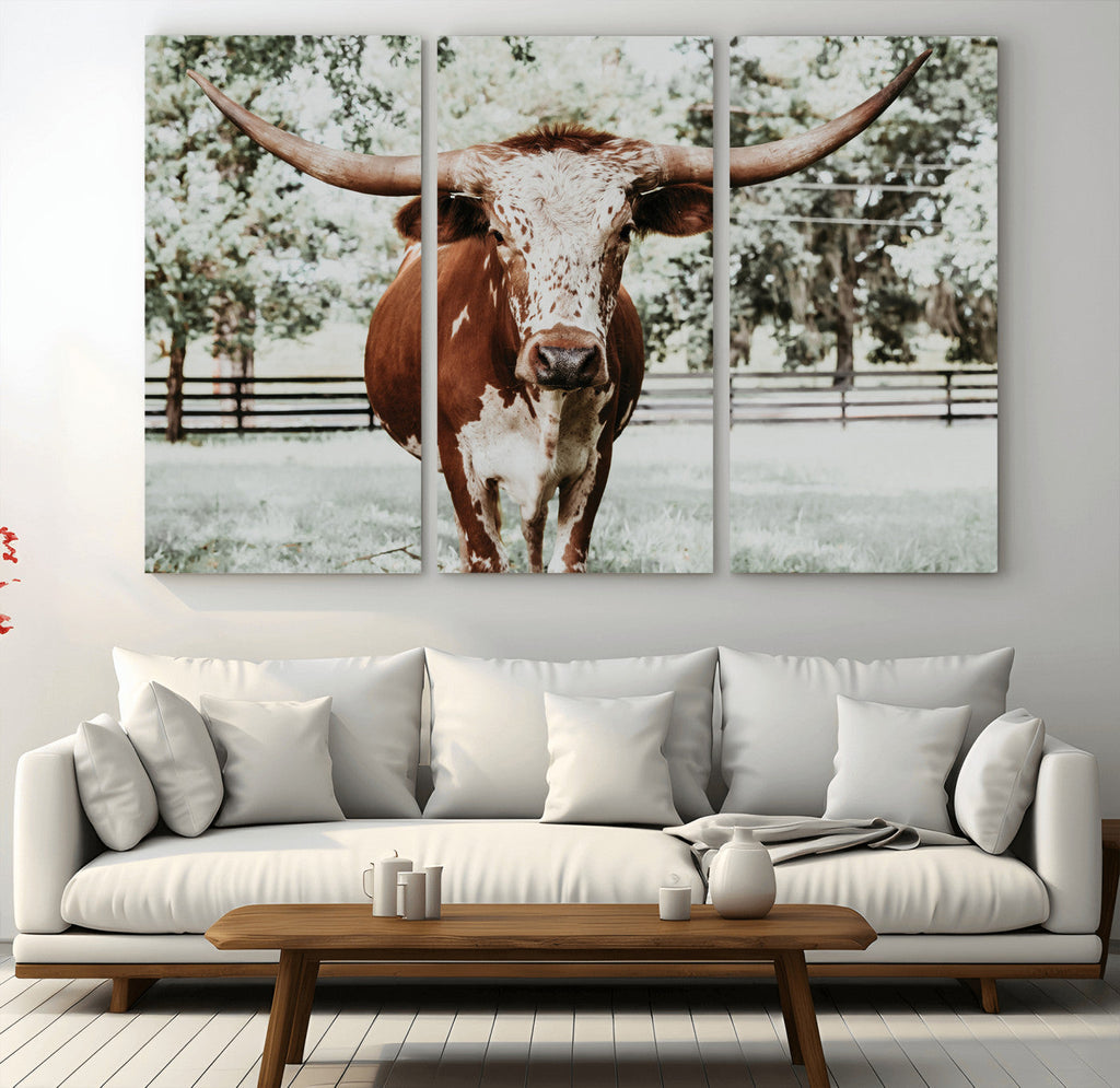 Texas Longhorn Wall Art Canvas Print | Framed Spotted Brown and White Bull