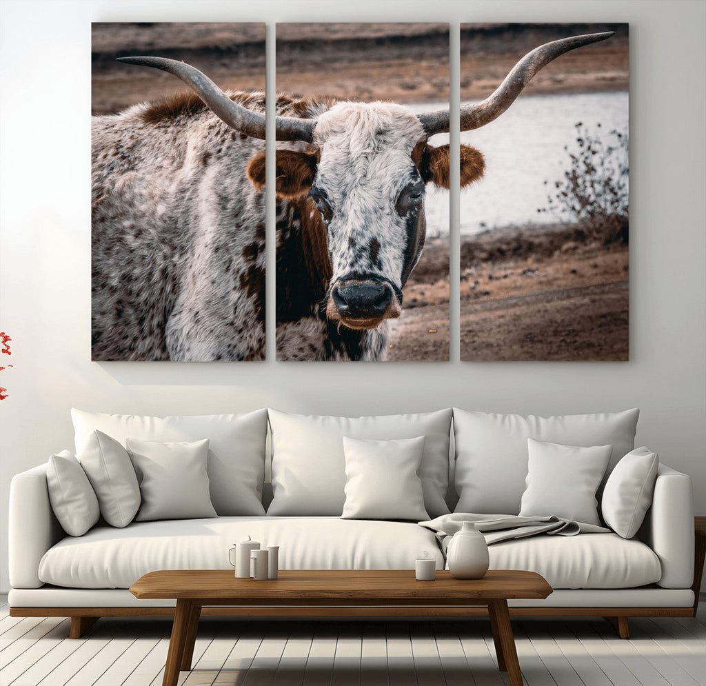 Texas Longhorn Wall Art Canvas Print | Framed Brown and White Spotted Longhorn