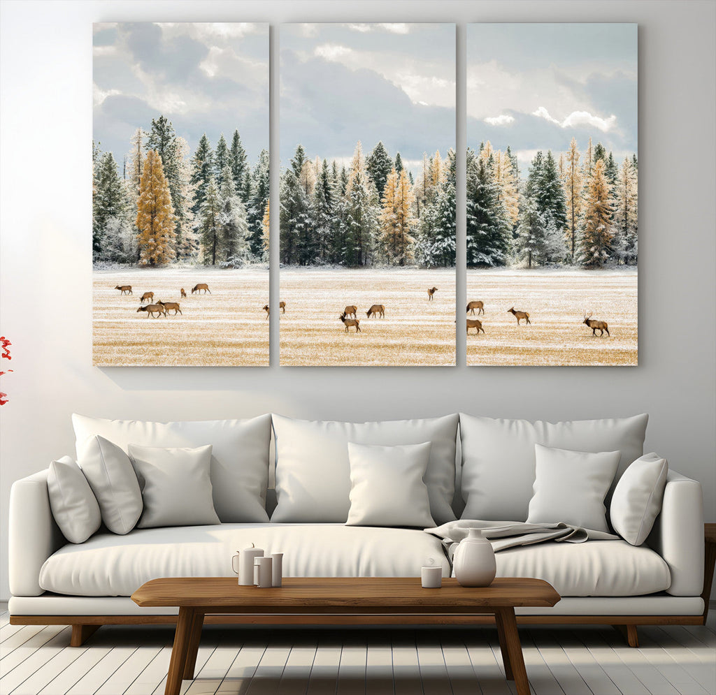 Elk Herd Wall Art, Framed Snowy Forest Canvas Artwork