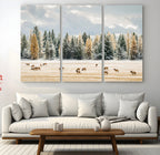 Elk Herd Wall Art, Framed Snowy Forest Canvas Artwork