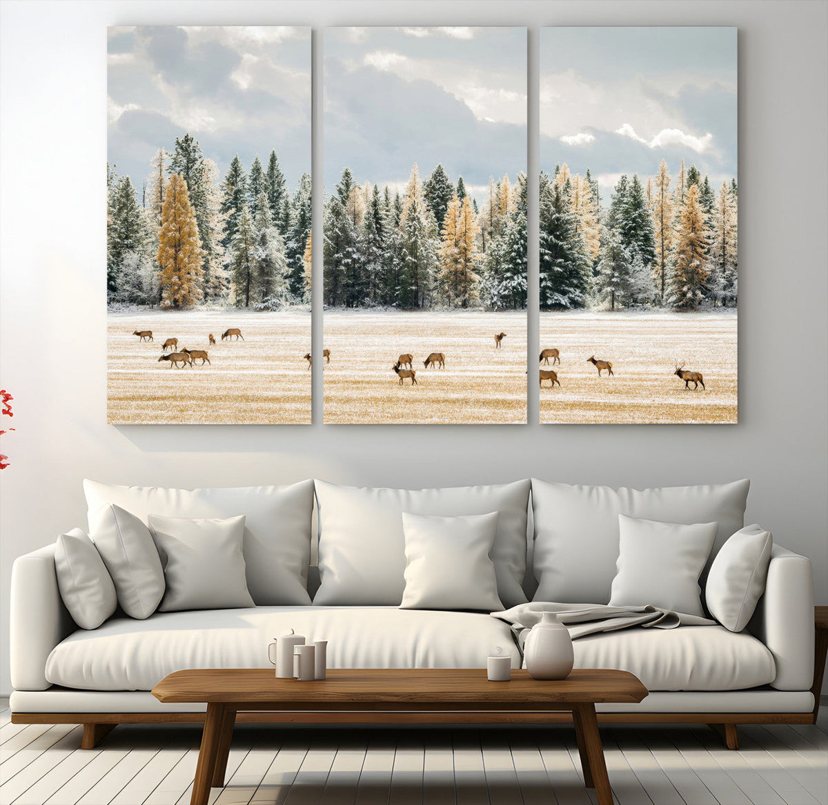 Elk Herd Wall Art, Framed Snowy Forest Canvas Artwork
