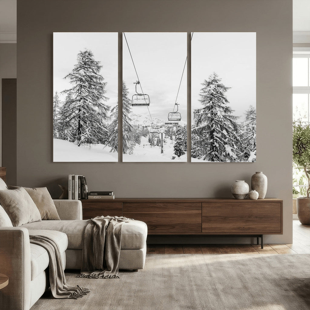 Ski Lift Wall Art | Framed Snowy Mountain Canvas Artwork