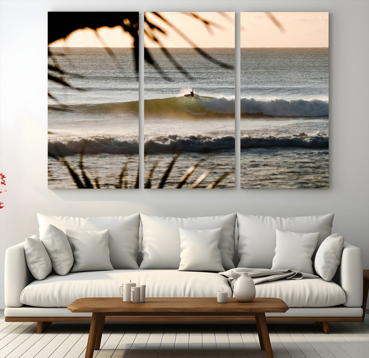 Sunset Surf Wall Art Canvas Print, Framed Golden Hour Waves Boho Beach Art