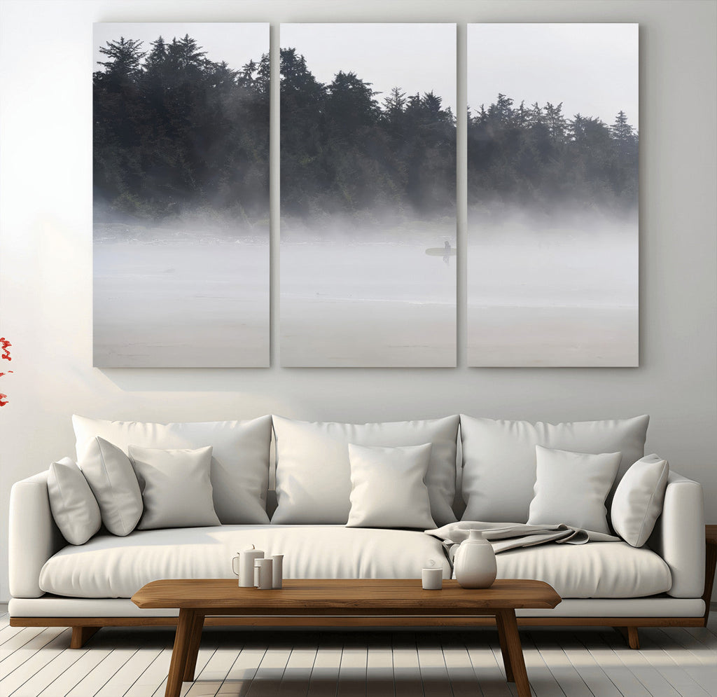 Surfer Fog Wall Art Canvas Print, Framed Foggy Beach and Coastal Surf Scene