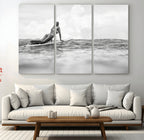 Black and White Surfing Wall Art Canvas Print, Framed Ocean Horizon Surfer Girl