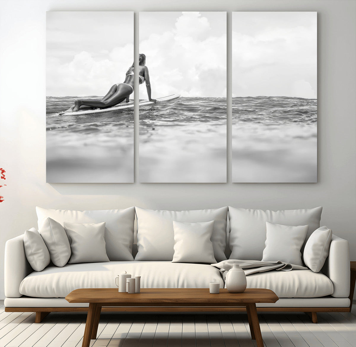 Black and White Surfing Wall Art Canvas Print, Framed Ocean Horizon Surfer Girl