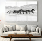 Wild Horses Running Wall Art Canvas Print, Framed Black White Mustangs Artwork