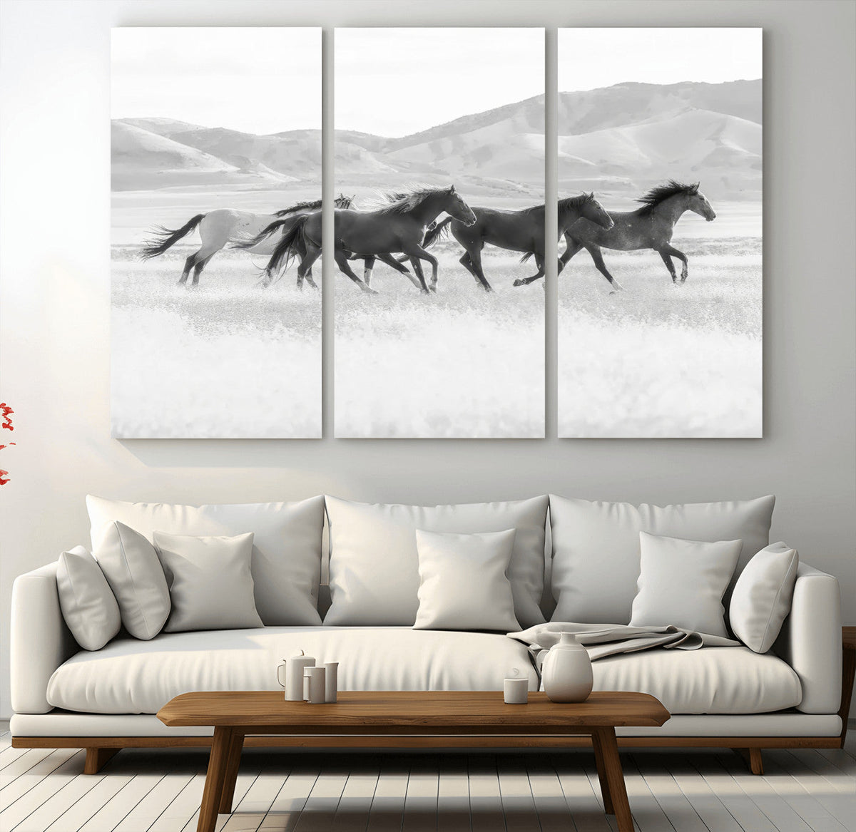 Wild Horses Running Wall Art Canvas Print, Framed Black White Mustangs Artwork