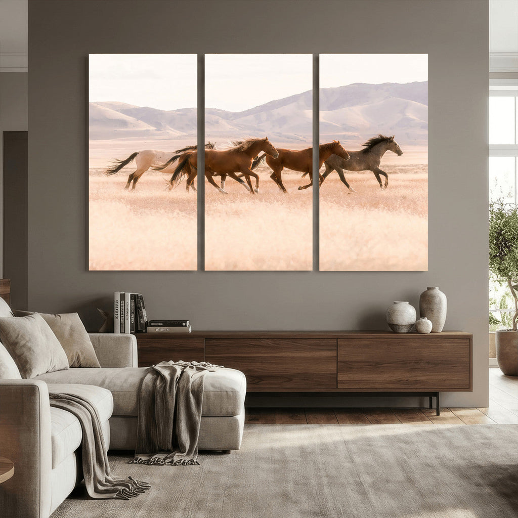 Wild Horse Wall Art Canvas Print, Framed Rustic Western Art, Desert Horse Scene