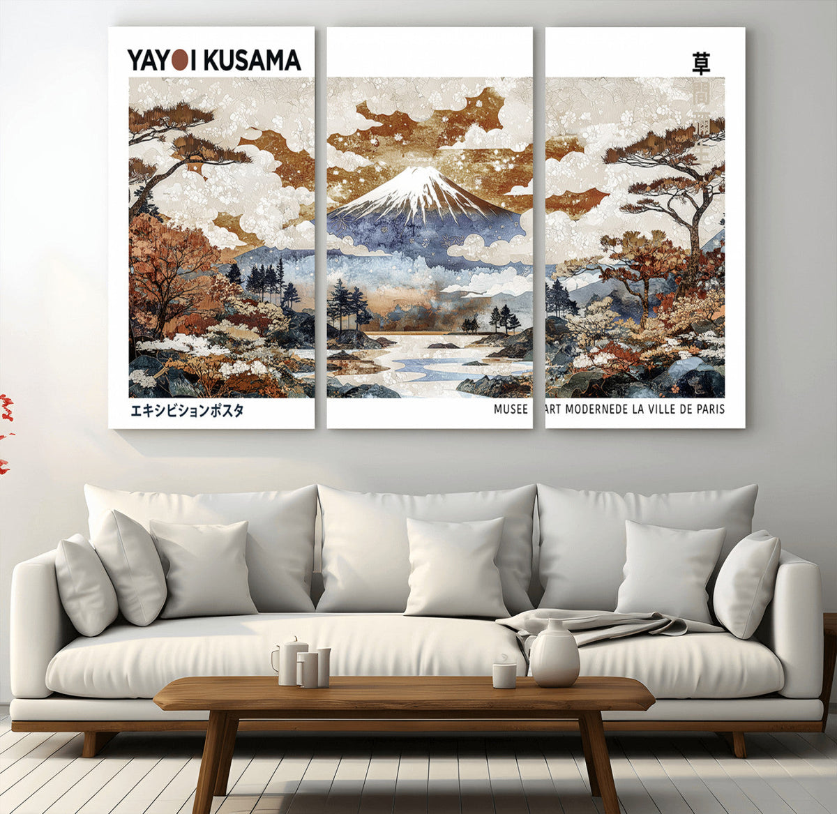Modern Japanese Mount Fuji Canvas Art Print, Yayoi Kusama Wall Art, Framed Abstract Japanese Landscape