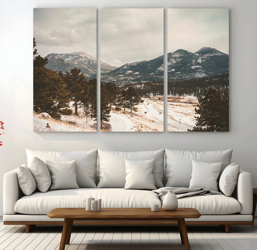 Mountain Landscape Wall Art Canvas Print, Framed Snowy Peaks Alpine Winter