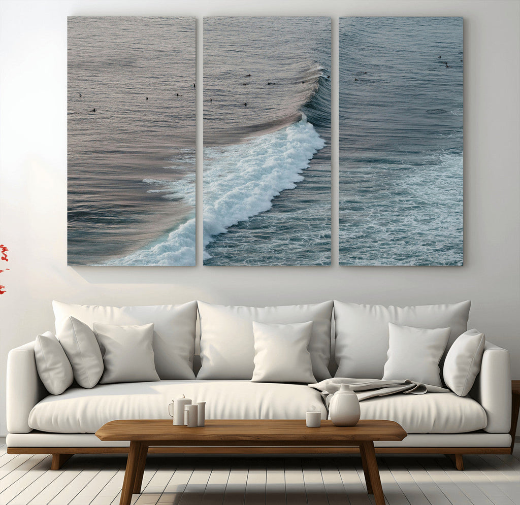 Ocean Waves Wall Art Canvas Print, Framed Coastal Serenity Surf Scene