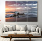 Golden Hour Wall Art Canvas Print, Framed Tranquil Waves Beach Sunset