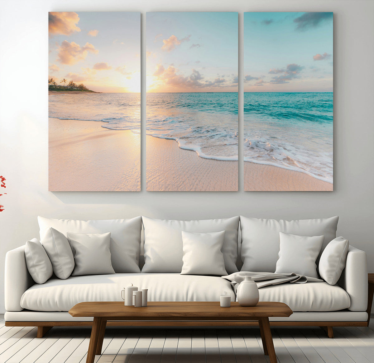 Beach Sunset Wall Art Canvas Print, Framed Ocean Waves Summer Escape
