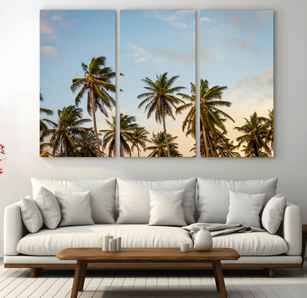 Palm Trees Wall Art Canvas Print, Framed Tropical Vibes Coastal Sunset