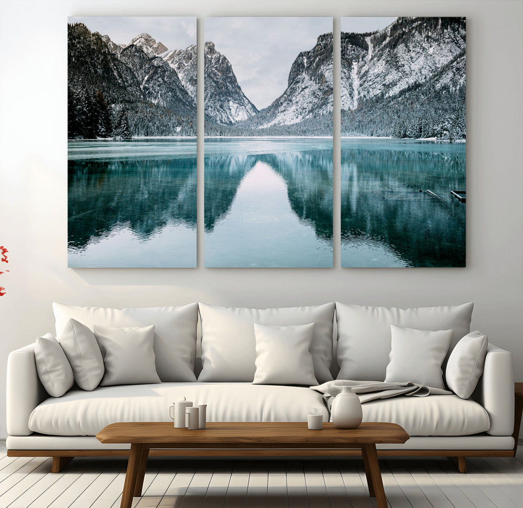 Mountain Lake Wall Art Canvas Print, Framed Toblacher See Winter Wonderland